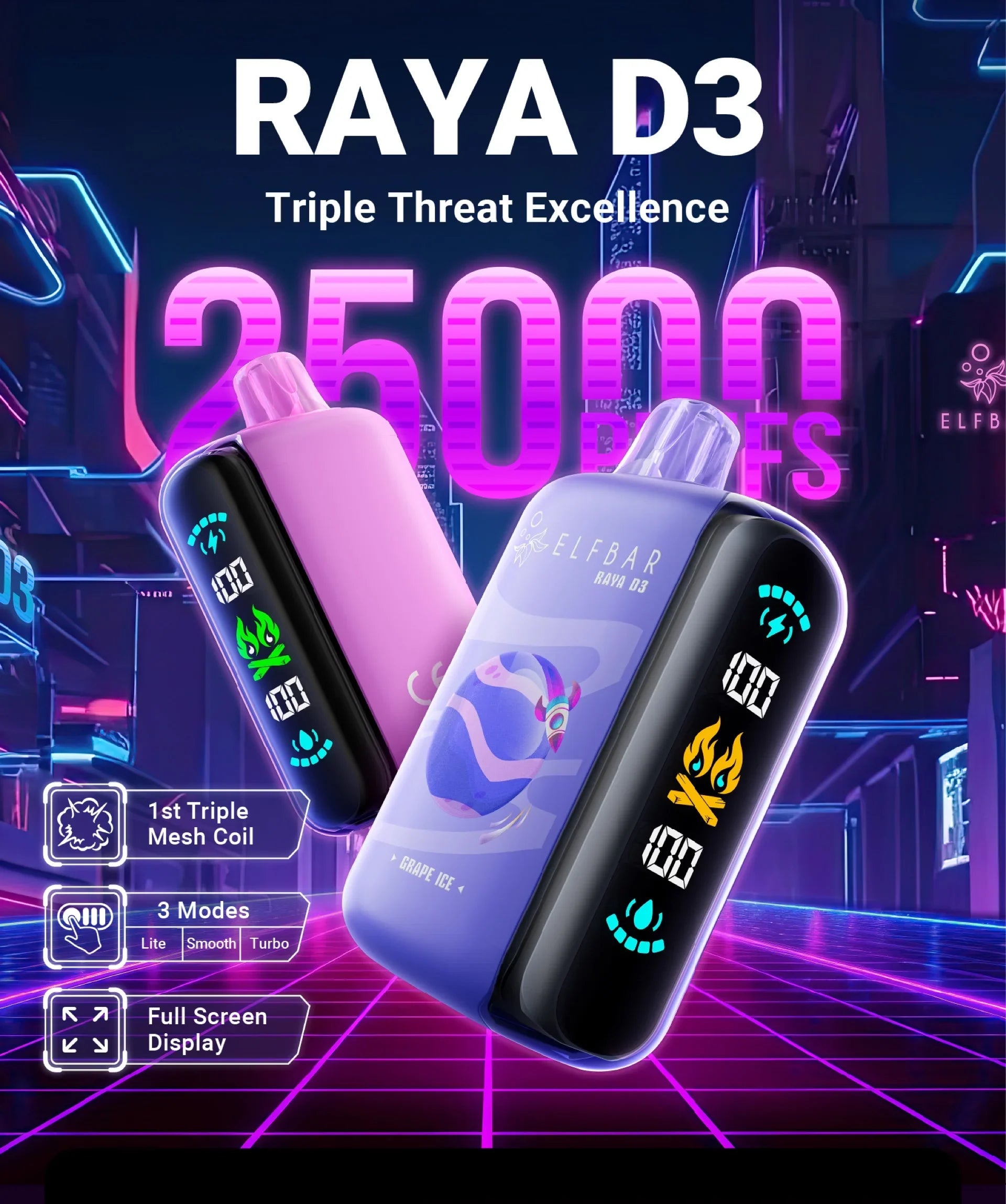 Elfbar Raya D3 25000 Puffs | 50mg Nic Disposable | Dedicated Indicators | Triple Mesh Coil