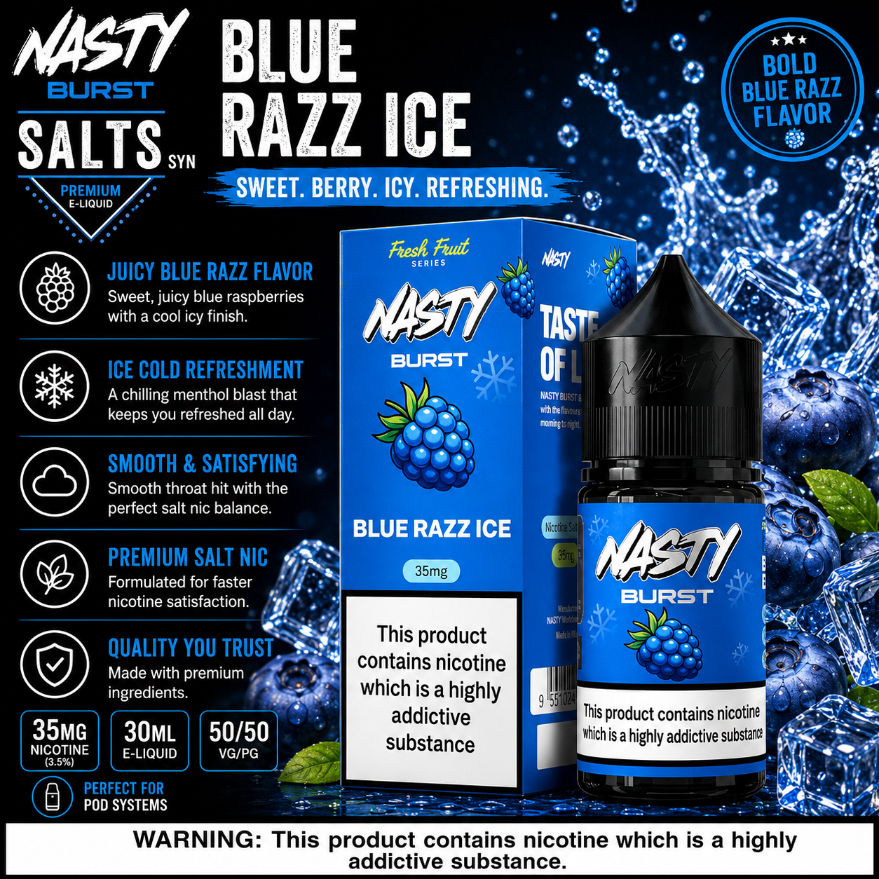 Blue Razz Ice - Nasty Burst | 30ML Nic Salt Juice | 35MG, 50MG | Vape Mash India